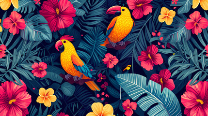 seamless pattern background influenced by the organic forms and vibrant colors of tropical rainforests with colourful birds and flowers.  generative ai 