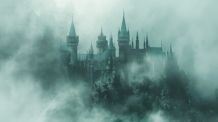 A mysterious castle shrouded in mist with towering spires and secret passageways - obrazy, fototapety, plakaty