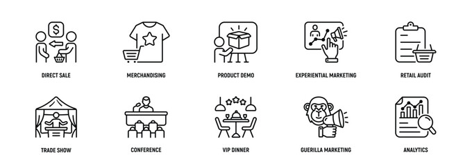 Field Marketing icon Line Icon Set, Editable Stroke. Direct, Sale, Merchandising, Product, Demo, Experiential, Retail, Audit, Strategy.