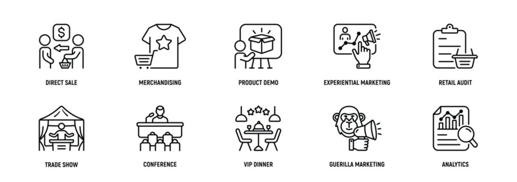 Field Marketing icon Line Icon Set, Editable Stroke. Direct, Sale, Merchandising, Product, Demo, Experiential, Retail, Audit, Strategy.