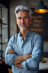 Fototapeta premium Smiling grey-haired man in casual attire in a trendy cafe environment