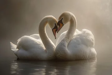 Gartenposter Serene embrace: two swans in love, a graceful display of adoration and unity in the swanst's affectionate bond, a symbol of tranquility and everlasting companionship in the natural world. © Ruslan Batiuk