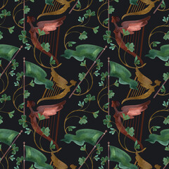 Seamless pattern with symbols of Ireland. Wrapping paper for St. Patrick's Day. Watercolor in vintage style on a black background.