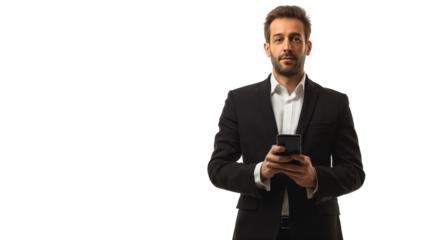 businessman holding mobile phone isolated on transparent background, businessman using smartphone cutout 