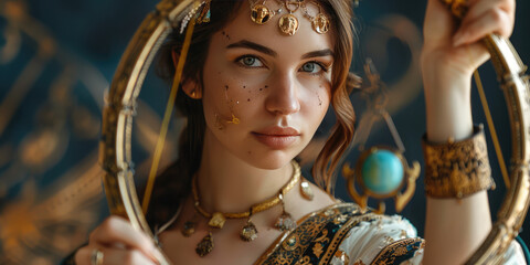 Portrait of a young beautiful woman astrologer or fortune teller holding a miniature symbol of Sagittarius, horoscope zodiac sign concept, horoscope prediction.