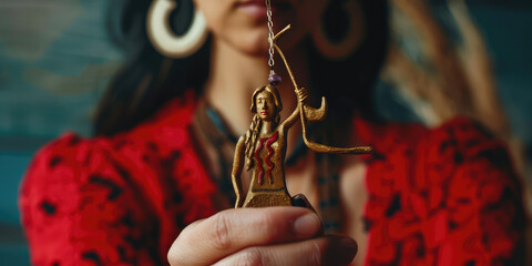 Portrait of a young beautiful woman astrologer or fortune teller holding a miniature symbol of Sagittarius, horoscope zodiac sign concept, horoscope prediction. - obrazy, fototapety, plakaty