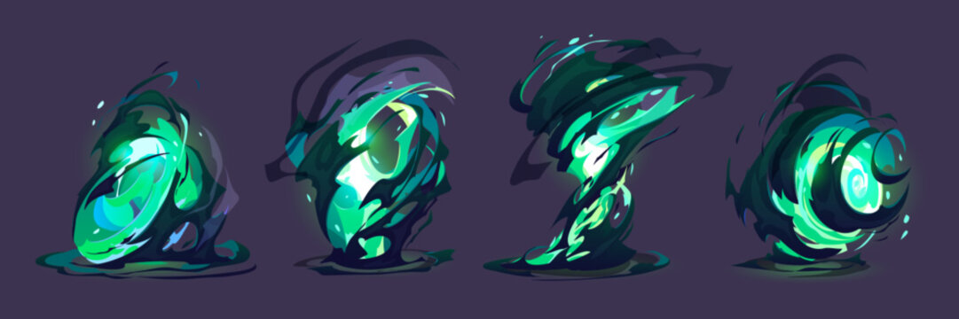 Green ui vfx tornado energy with flame for game. Cartoon 2d magician twister or magic water swirl animation fx collection. Turquoise neon wind funnel with powerful air smoke motion vector set.
