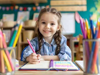 Learning, drawing and portrait of girl in classroom exam, education or studying with book. Preschool smile, development and happy kid or student coloring for creative art in notebook in kindergarten.