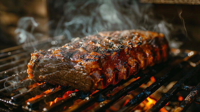 Prime rib sizzling on a grill smoke rising