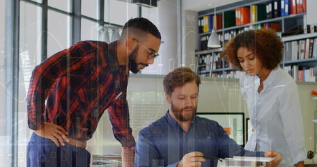 Image of data processing with statistics over business people using talking