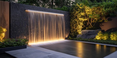 Modern outdoor water feature with illuminated plants at twilight.