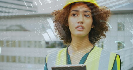 Image of statistics processing over female architect using tablet at construction site