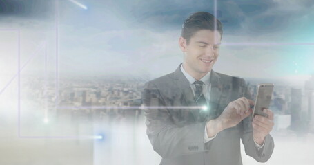 Image of network of connections with businessman using smartphone over cityscape