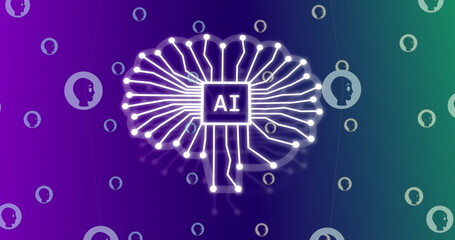 Image of ai icon and data processing on purple background