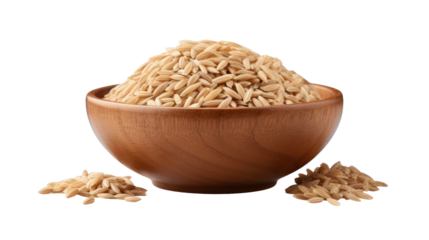 Pile of brown rice, brown rice in a wooden bowl isolated on transparent a white background