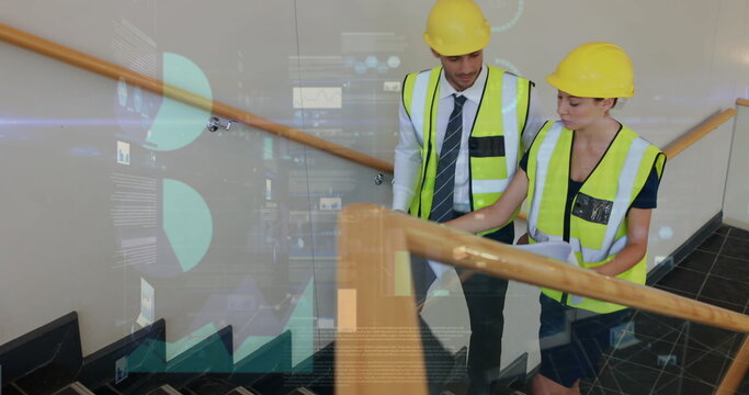 Image of statistics processing over male and female architects talking at construction site