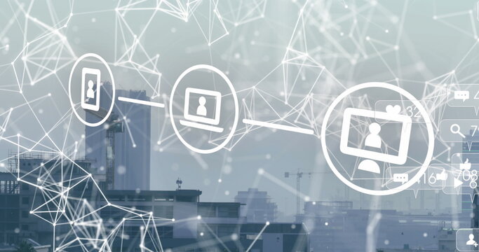 Image of media icons and shapes over cityscape