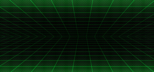 3d green matrix line wire grid space background. Perspective futuristic wireframe room with mesh dimension. Neon vaporwave floor and horizon design. Laser cyberspace or abstract arena with ceiling © klyaksun