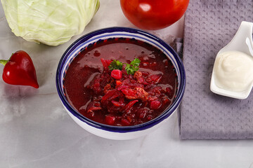 Borsch soup with cabbage and beetroot