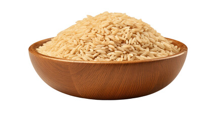 Pile of brown rice, brown rice in a wooden bowl isolated on transparent a white background