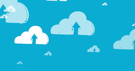 Image of online white cloud icons with arrows pointing up moving on blue background