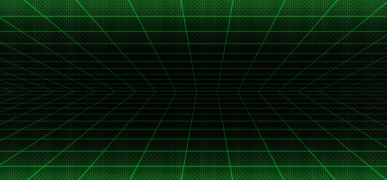 3d green matrix line wire grid space background. Perspective futuristic wireframe room with mesh dimension. Neon vaporwave floor and horizon design. Laser cyberspace or abstract arena with ceiling
