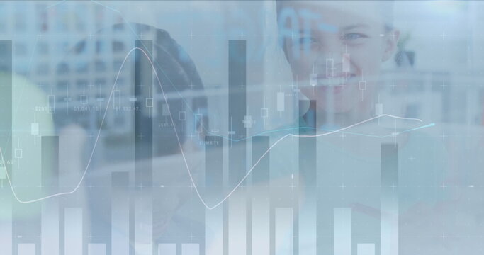 Image of financial data processing over happy schoolgirl - Powered by Adobe