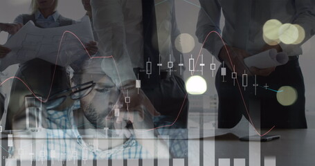 Image of financial data processing over businesses people