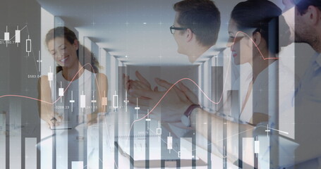 Image of financial data processing over businesses people