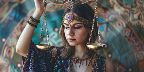 Portrait of a young beautiful woman astrologer or fortune teller holding a miniature symbol of Libra, horoscope zodiac sign concept, horoscope prediction.