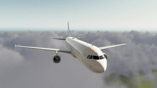 Flying aeroplane closeup video shot 3d rendering, aircraft cabin view from outside.