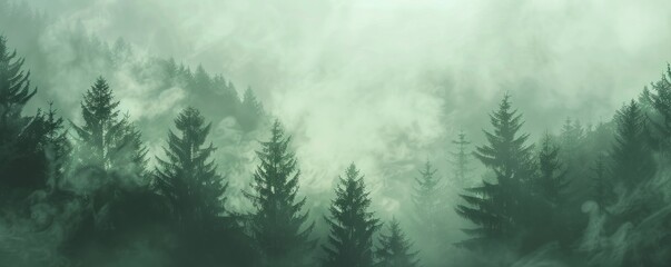 Misty green forest. Foggy landscape