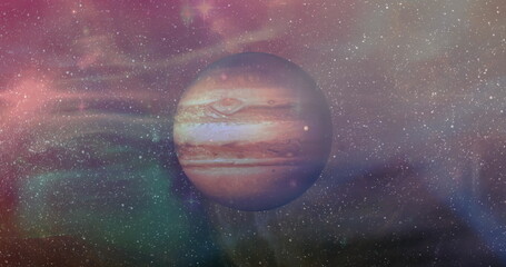 Image of brown planet in smoky red, green and brown space