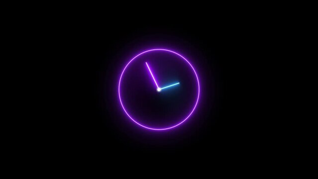 Abstract neon wall clock icon animation on black background.