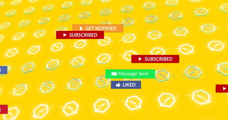 Image of subscribe moving over yellow background with rotating shapes