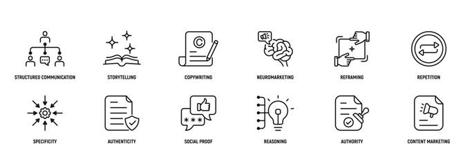 Persuasive Marketing icon Line Icon Set, Editable Stroke. Structured, Communication, Storytelling, Copywriting, Neuromarketing, Strategy.