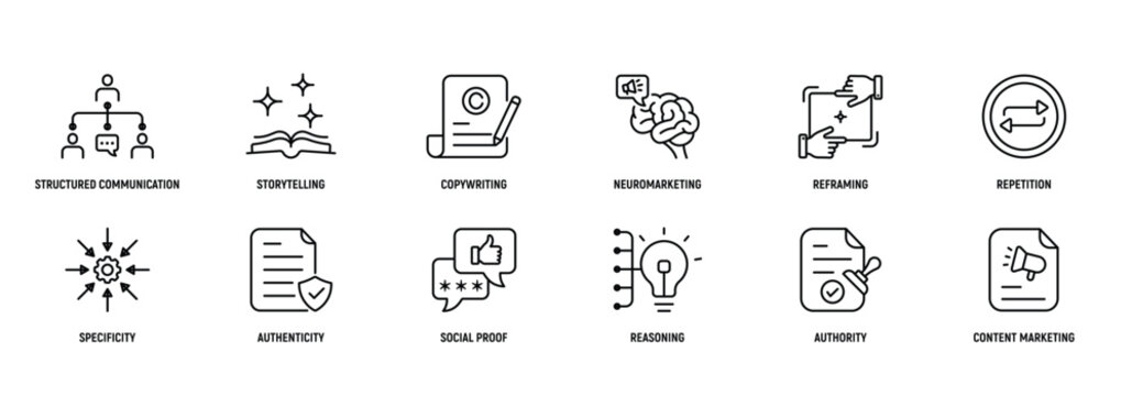 Persuasive Marketing icon Line Icon Set, Editable Stroke. Structured, Communication, Storytelling, Copywriting, Neuromarketing, Strategy.