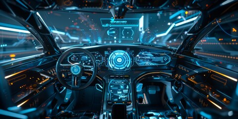 Futuristic car dashboard with holographic displays