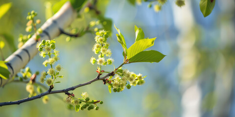 Birch tree Blossom. Vibrant birch tree Spring blossoms, buds on a twig, pollen allergy.