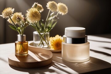 bottles of perfume and flower-cosmetic products