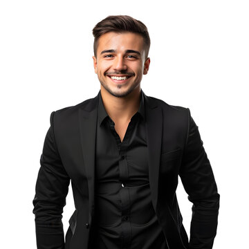 Handsome young man looking at camera and smiling isolated on transparent background