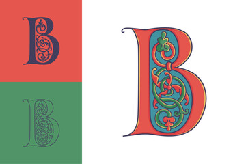 Letter B initial with trailing vines of thistle plant. Medieval blackletter drop cap based on Bohemian manuscript. Romanesque style dim colors illuminated emblem. Decorative wax seal monogram logo.