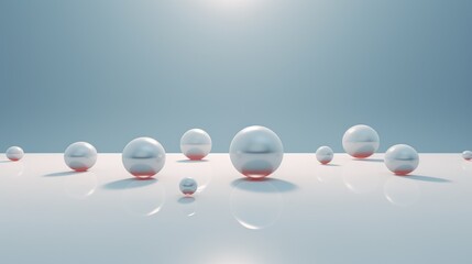 Floating spheres on a glossy surface on a blue gray background with a copy space.