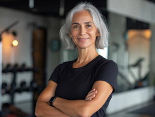 Mature woman standing in a fitness studio.