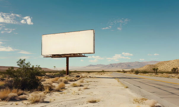 white billboard in the desert with empty roads, Generative AI