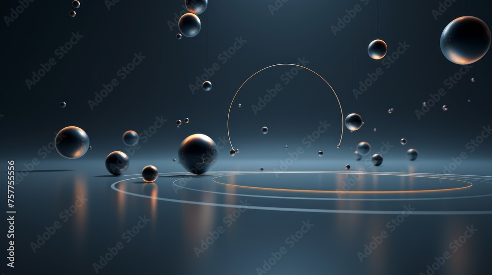 Aufkleber Abstract floating shiny spheres on a glossy surface on a dark blue gray background with a copy space. Layout, Horizontal platform, showcase for product demonstration, cosmetics.