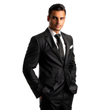 Elegant young handsome man with black suit posing on transparent background