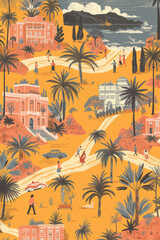 Obraz premium Retro vibe gallery, cinematic drawing print in the style of mid-century modern era
