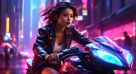 Fototapeta na wymiar A young lady speeds a motorbike across a neon-lit city.