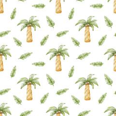 Fototapeta na wymiar Palm trees and leaves in baby style. Tropical botanical background. Watercolor seamless pattern for design kid's goods cards, postcards, fabric, scrapbooking, office supplies
